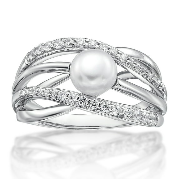 Jay Heart Designs 925 Sterling Silver Freshwater Pearl with Simulated White Diamond Criss Cross Ring