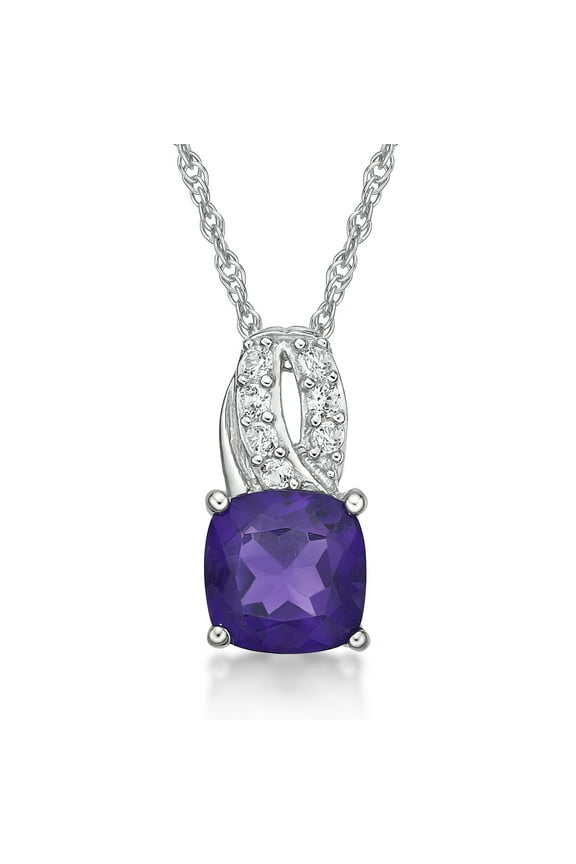 925 Sterling Silver Genuine Amethyst and Created White Sapphire Pendant with 18" Chain