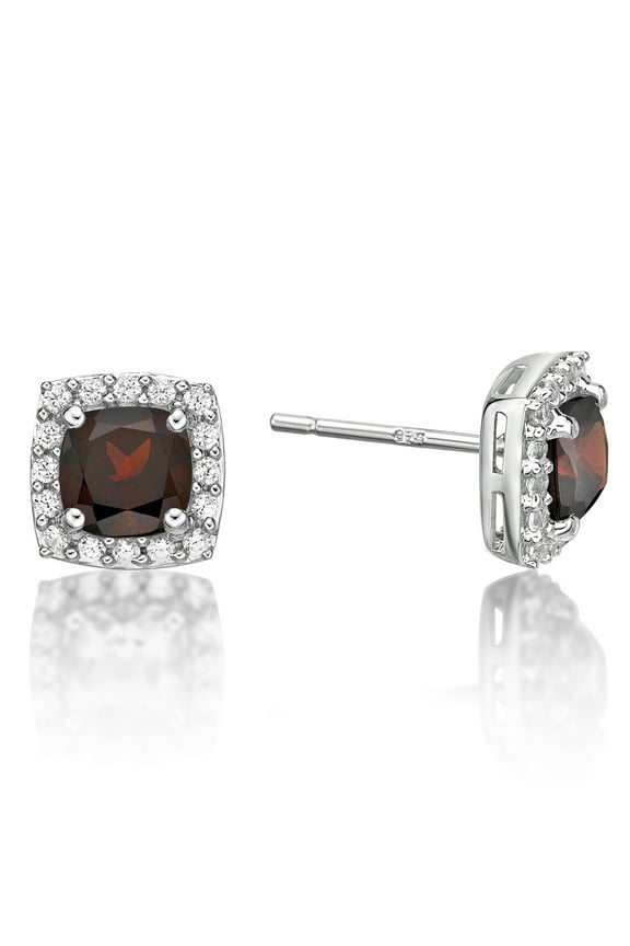 925 Sterling Silver Genuine Garnet and Created White Sapphire Earrings