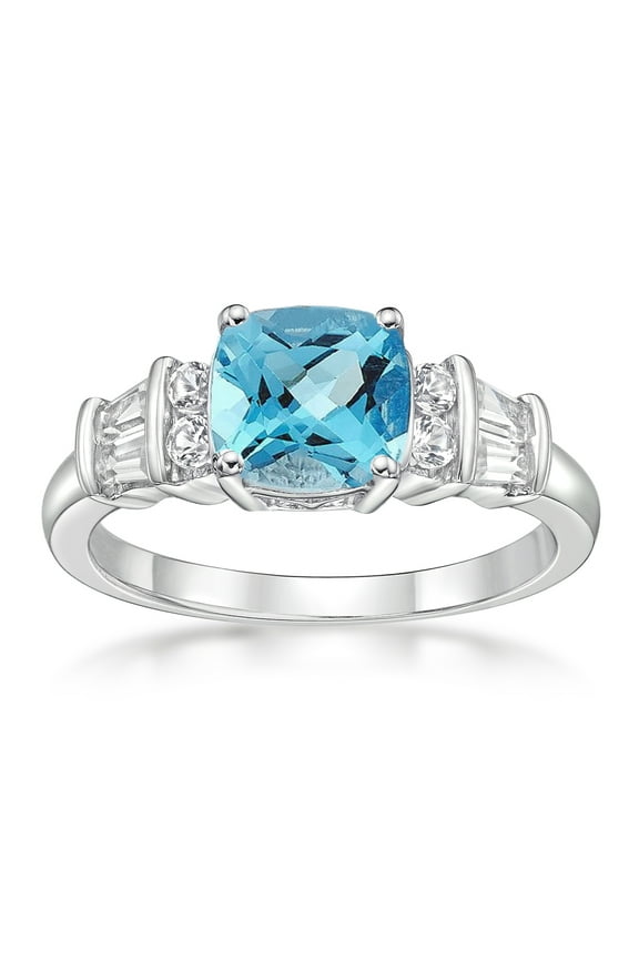 925 Sterling Silver Genuine Swiss Blue Topaz and Created White Sapphire Ring