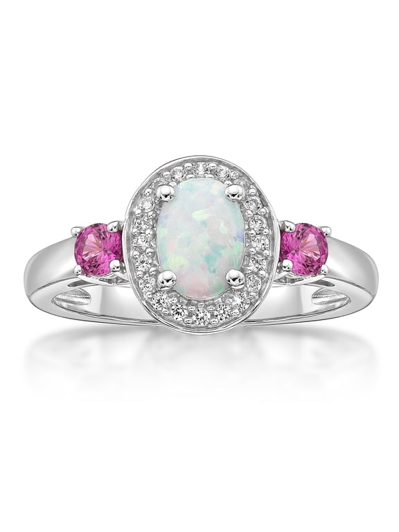 Jay Heart Designs 925 Sterling Silver Oval Lab Created Opal, Pink Sapphire and White Sapphire Ring