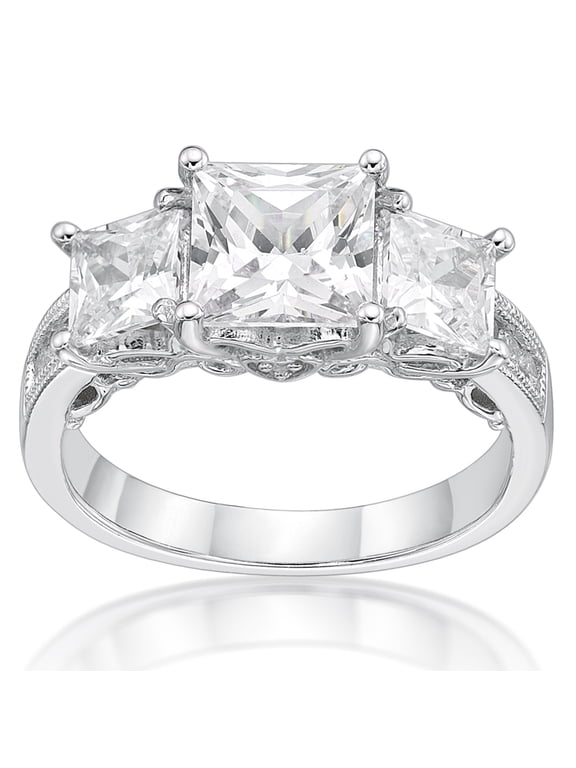 Jay Heart Designs 925 Sterling Silver Princess Cut Three Stone Simulated White Diamond Ring