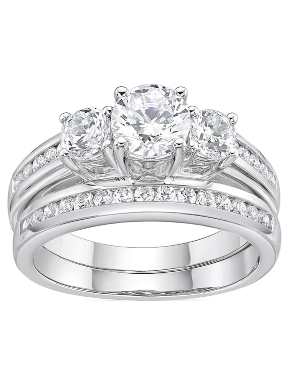 Classic 3 Stone Simulated White Diamond Engagement Ring Set