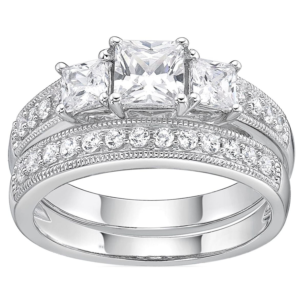Jay Heart Designs 925 Sterling Silver Simulated White Diamond Bridal Engagement Ring Set