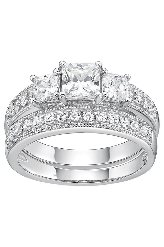 Jay Heart Designs 925 Sterling Silver Simulated White Diamond Bridal Engagement Ring Set