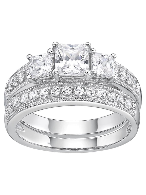 Jay Heart Designs 925 Sterling Silver Simulated White Diamond Bridal Engagement Ring Set