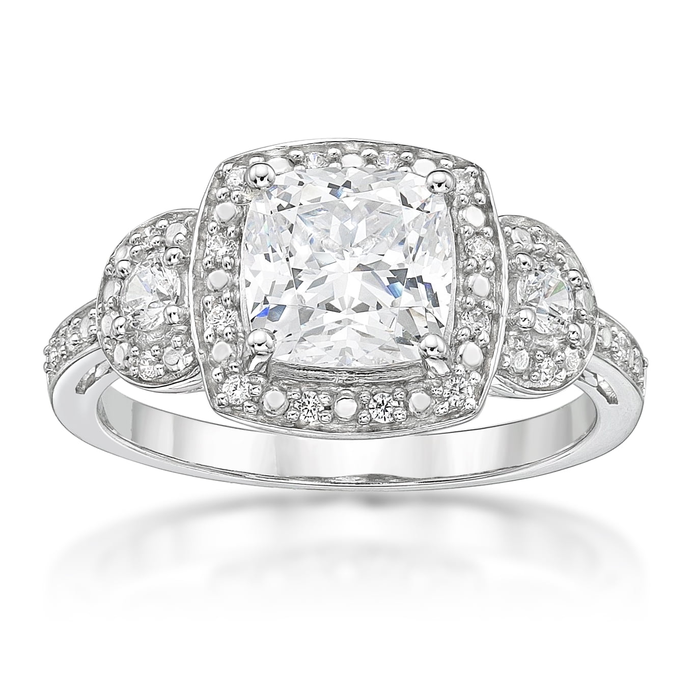 Jay Heart Designs 925 Sterling Silver Simulated White Diamond Cushion 3 Stone Ring