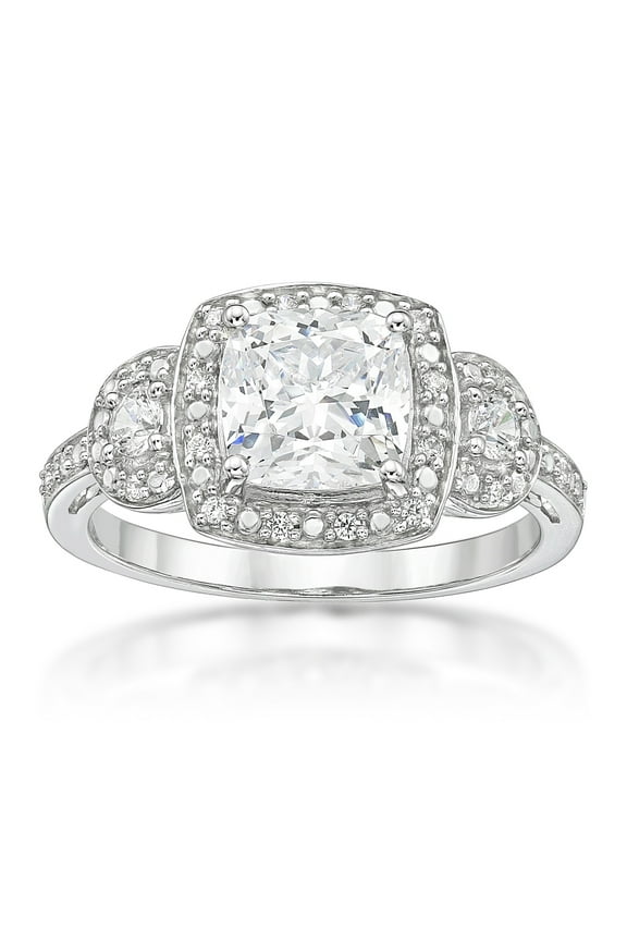 Jay Heart Designs 925 Sterling Silver Simulated White Diamond Cushion 3 Stone Ring