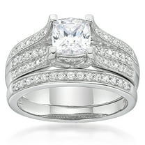 Jay Heart Designs 925 Sterling Silver Simulated White Diamond Cushion Bridal Engagement Ring Set
