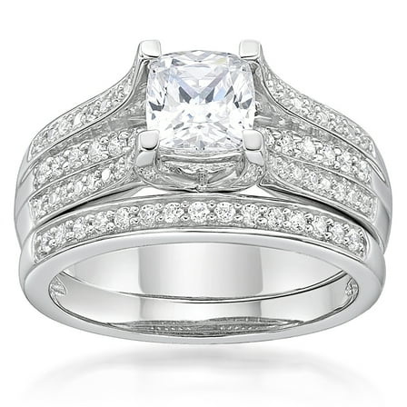 Jay Heart Designs 925 Sterling Silver Simulated White Diamond Cushion Bridal Engagement Ring Set