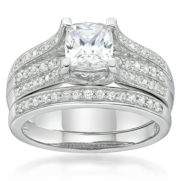 Jay Heart Designs 925 Sterling Silver Simulated White Diamond Cushion Bridal Engagement Ring Set