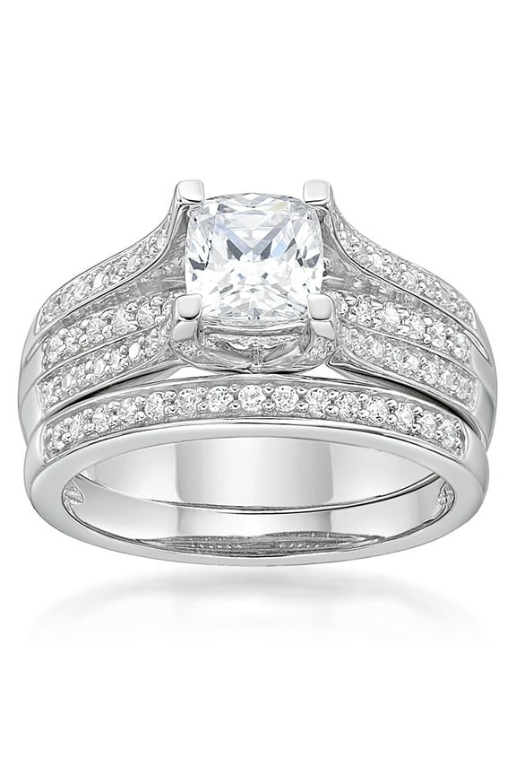 Jay Heart Designs 925 Sterling Silver Simulated White Diamond Cushion Bridal Engagement Ring Set
