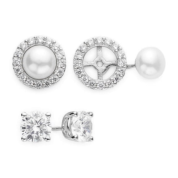 Jay Heart Designs 925 Sterling Silver Simulated White Diamond & Freshwater Pearl Jacket Set Earrings