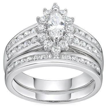 Jay Heart Designs 925 Sterling Silver Simulated White Diamond Marquise Bridal Engagement Ring Set