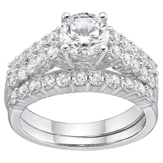 Jay Heart Designs 925 Sterling Silver Simulated White Diamond Round Bridal Engagement Ring Set