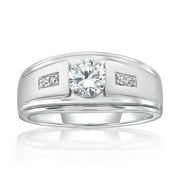 BRILLIANCE FINE JEWELRY Jay Heart Designs 925 Sterling Silver Simulated White Diamond Round Center Men\\\'s Ring