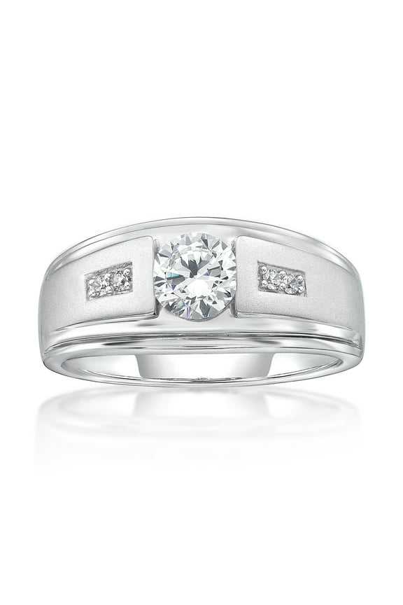 Jay Heart Designs 925 Sterling Silver Simulated White Diamond Round Center Men\\\'s Ring