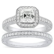 Jay Heart Designs 925 Sterling Silver Simulated White Diamond Squared Bridal Engagement Ring Set
