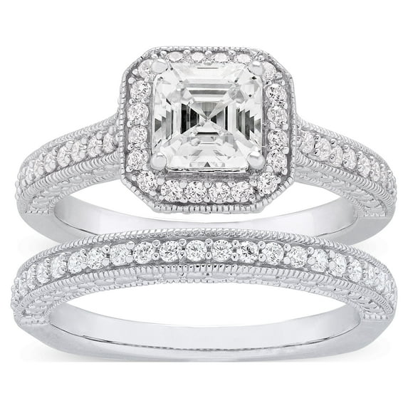 Jay Heart Designs 925 Sterling Silver Simulated White Diamond Squared Bridal Engagement Ring Set