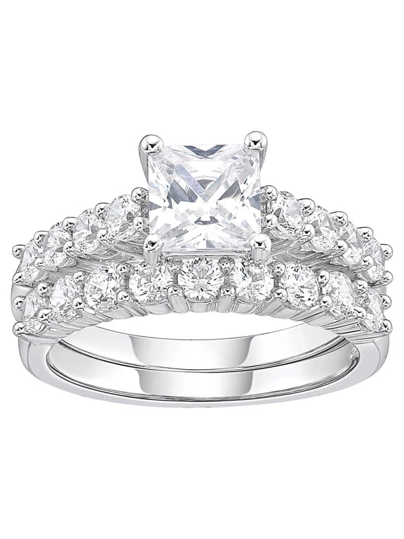 Jay Heart Designs 925 Sterling Silver Squared Simulated White Diamond Bridal Engagement Ring Set