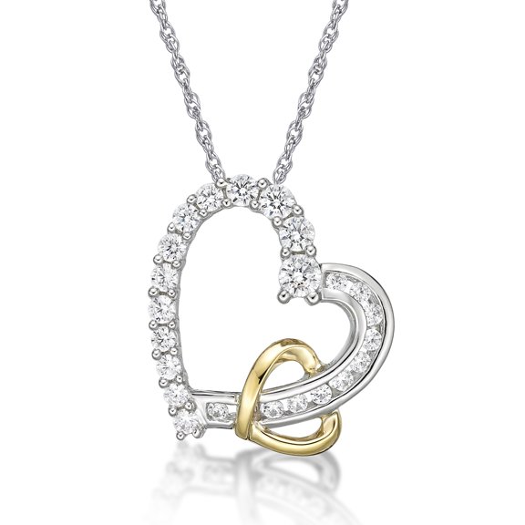 Jay Heart Designs 925 Sterling Silver with 10K Yellow Gold Simulated White Diamond Two Tone Heart Pendant, 18" Chain