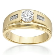 BRILLIANCE FINE JEWELRY Jay Heart Designs 925 Sterling Silver with 14K Yellow Gold Plating Simulated White Diamond Round Center Men\\\'s Ring