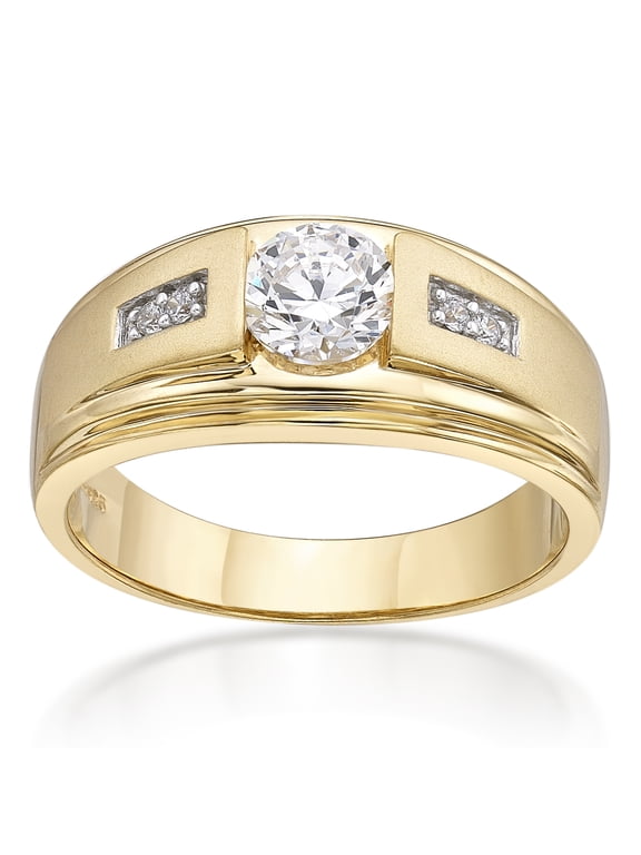 Jay Heart Designs 925 Sterling Silver with 14K Yellow Gold Plating Simulated White Diamond Round Center Men\\\'s Ring