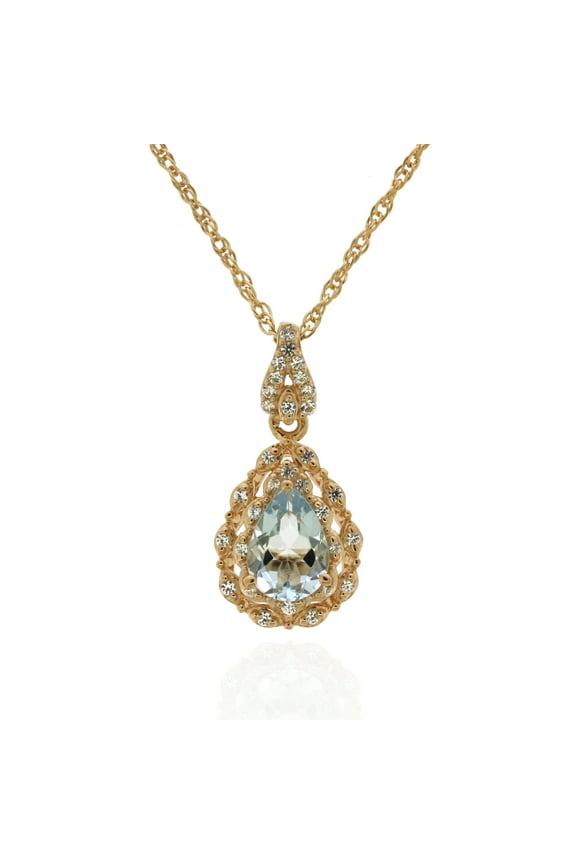 925 Sterling Silver with 14KP Gold Plated Aquamarine and Created White Sapphire Pendant with 18" Chain