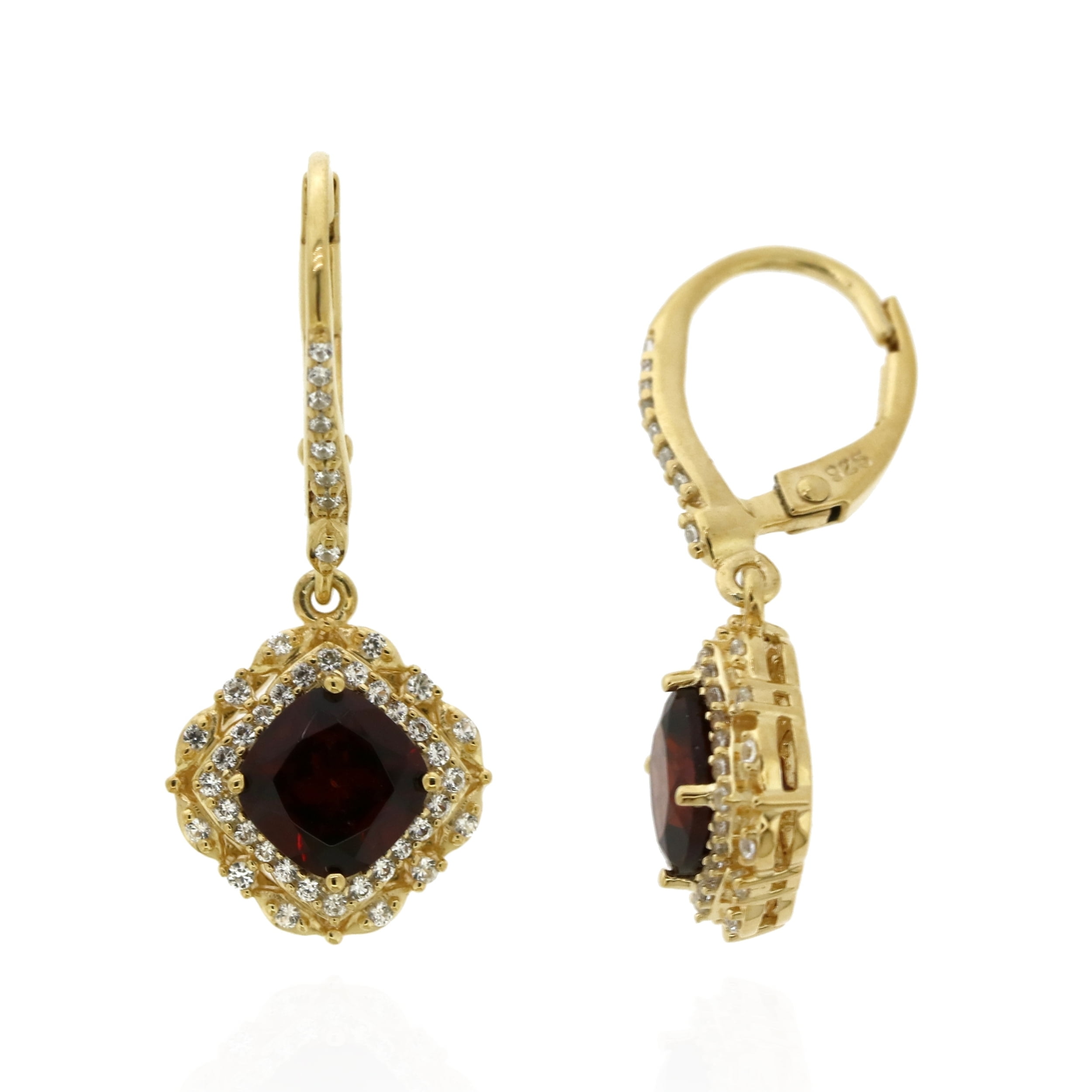 Jay Heart Designs 925 Sterling Silver with 14KY Gold Plated Garnet and Created White Sapphire Earrings