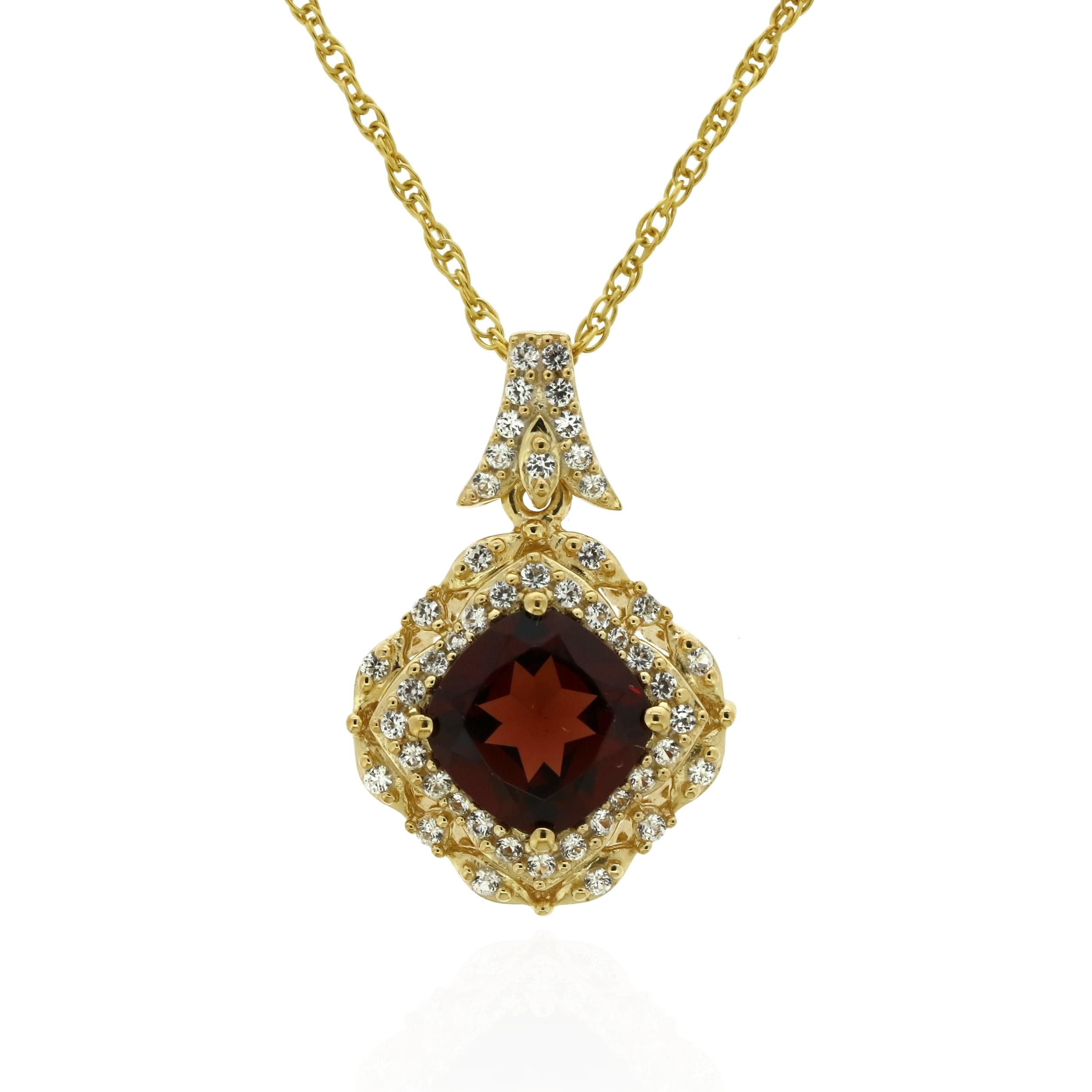 Jay Heart Designs 925 Sterling Silver with 14KY Gold Plated Garnet and Created White Sapphire Pendant with 18" Chain