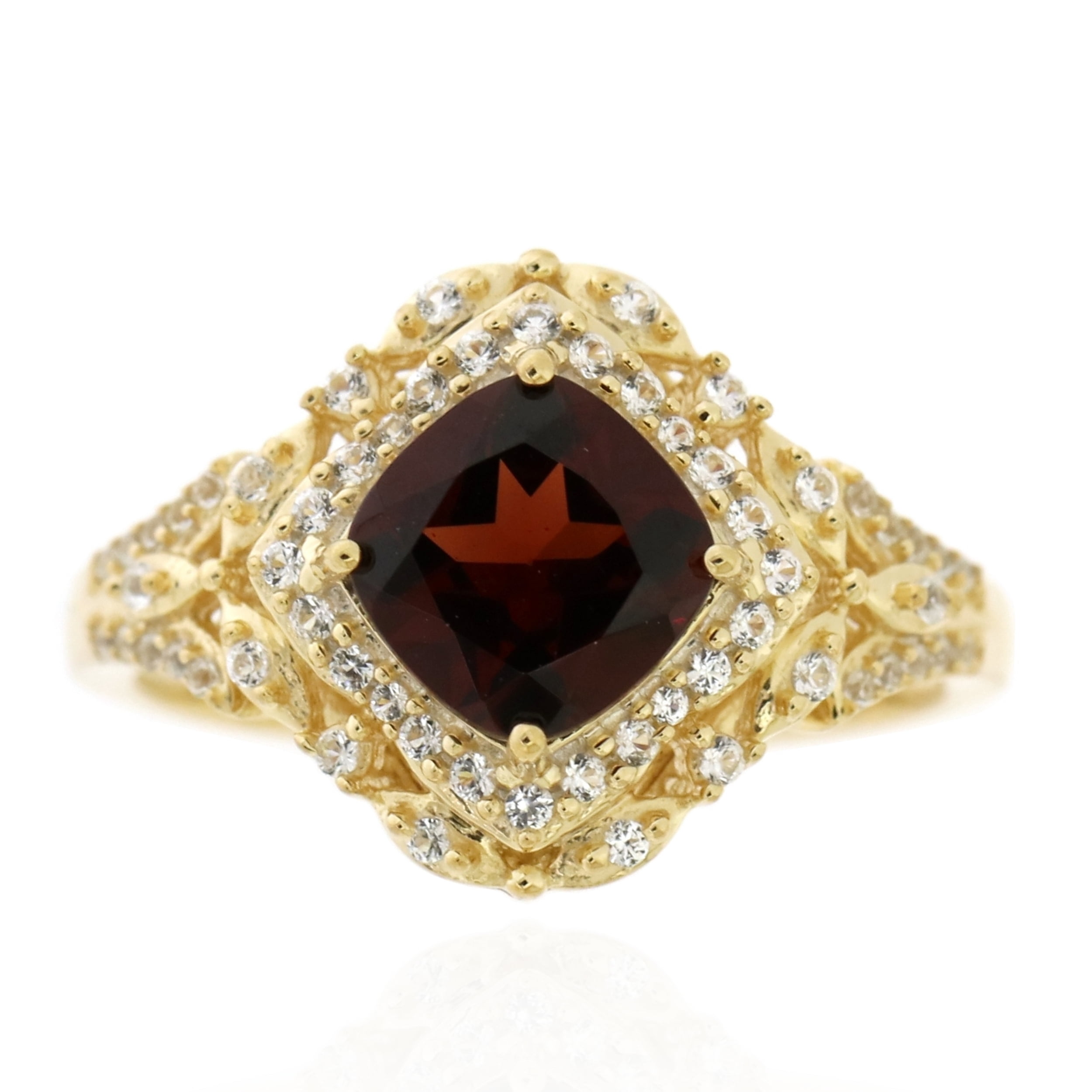 Jay Heart Designs 925 Sterling Silver with 14KY Gold Plated Garnet and Created White Sapphire Ring