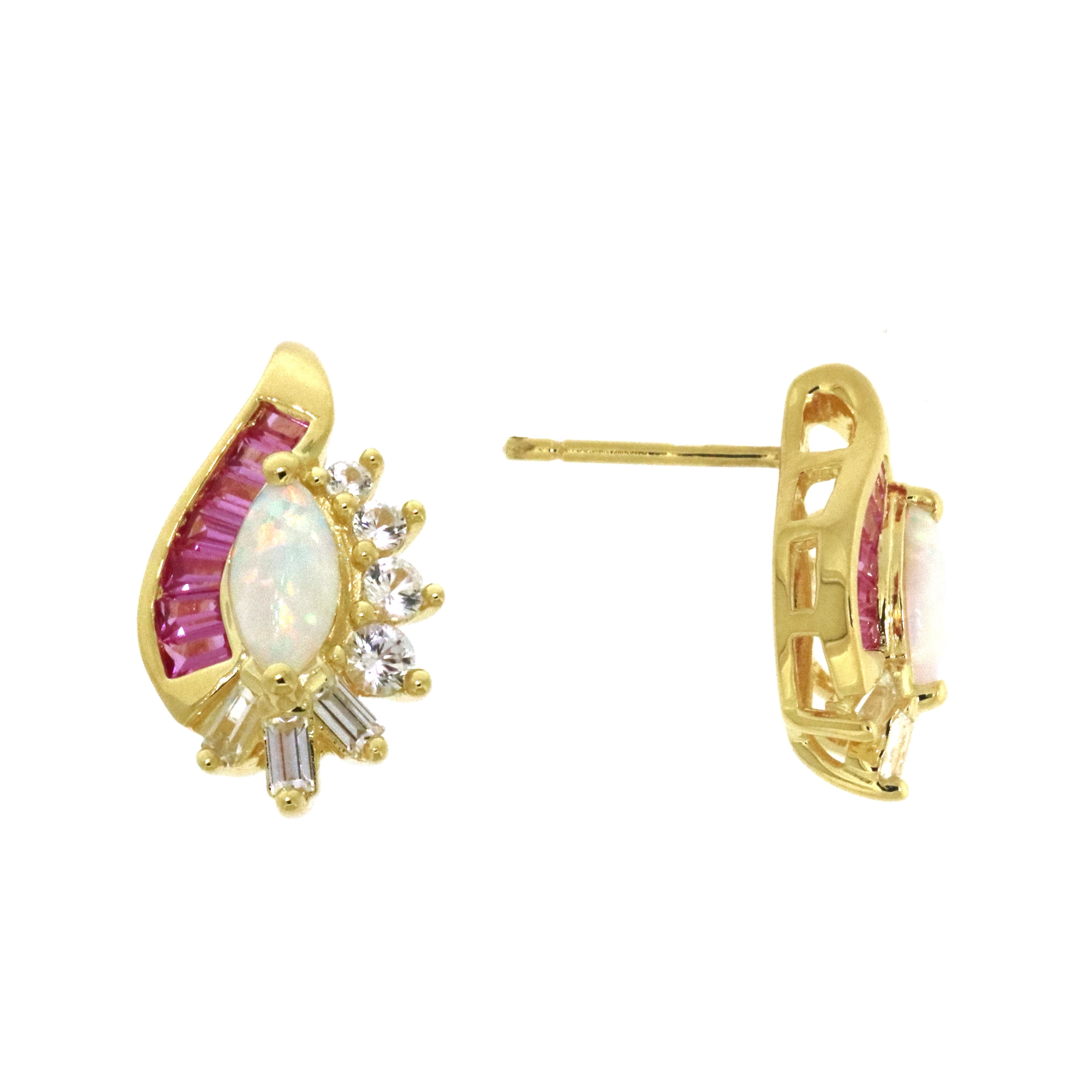 Jay Heart Designs 925 Sterling Silver with 14KY Gold Plated Silver Created Opal, Created Pink Sapphire and Created White Sapphire Marquise Earrings