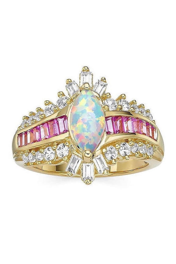Sterling with 14KY Gold Plated Silver Created Opal, Created Pink Sapphire and Created White Sapphire Marquise Ring