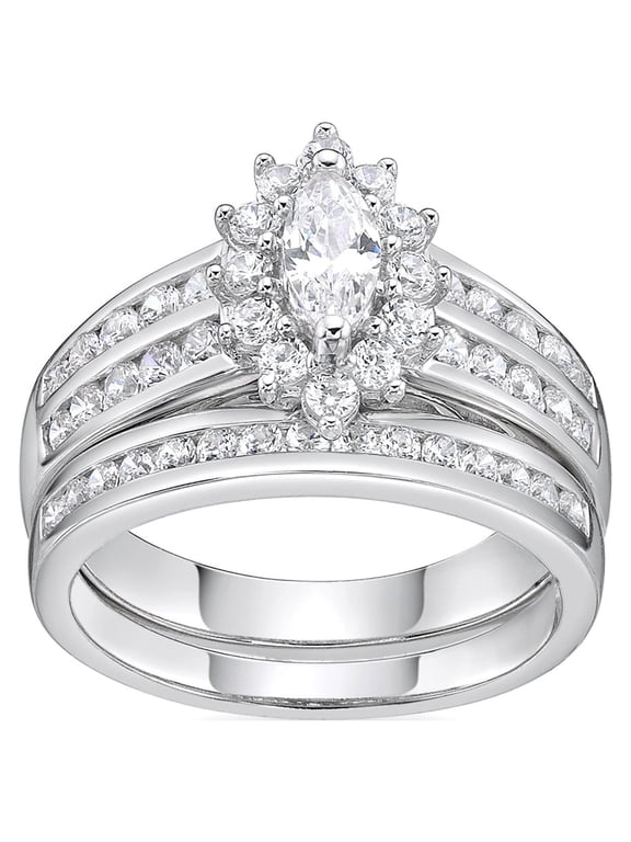 Jay Heart Sterling Silver Simulated Diamond Marquise Bridal Engagement Ring Set, White