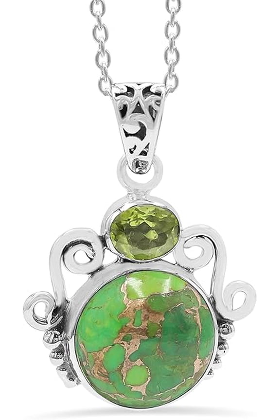 925 Sterling Silver Green Turquoise and Peridot Pendant Necklace for Women Handmade Jewelry Gift for Wife Mom or Her on Birthday Anniversary or Special Occasions