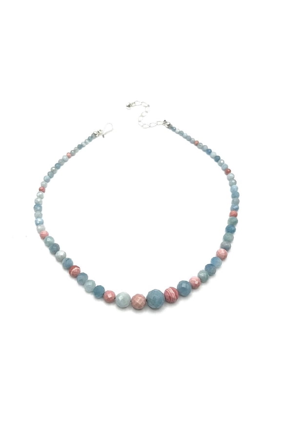 Aquamarine & Pink Opal Beaded Sterling Silver Necklace 18"