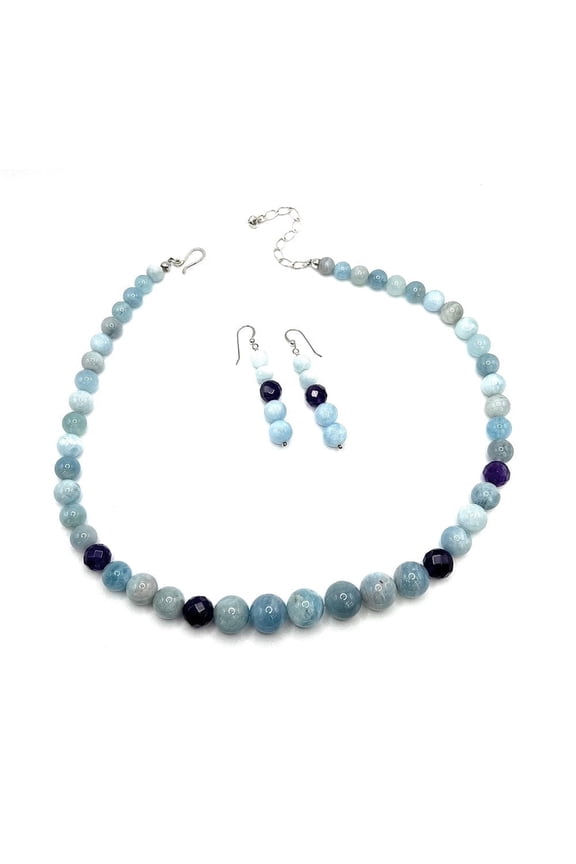 Graduated Aquamarine & Amethyst Beaded Gemstone Necklace 18"