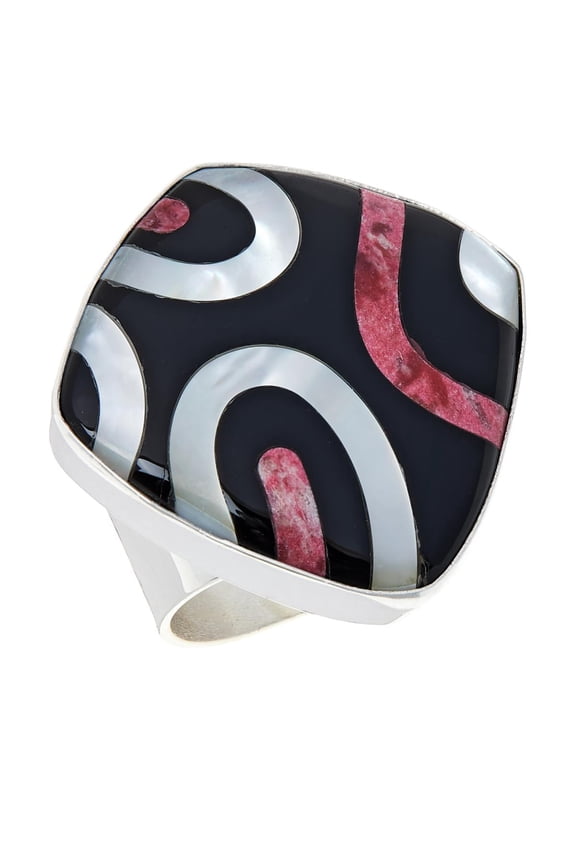 Multigem Inlay Peal, Onyx & Coral Sterling Silver Cocktail Ring Size 6
