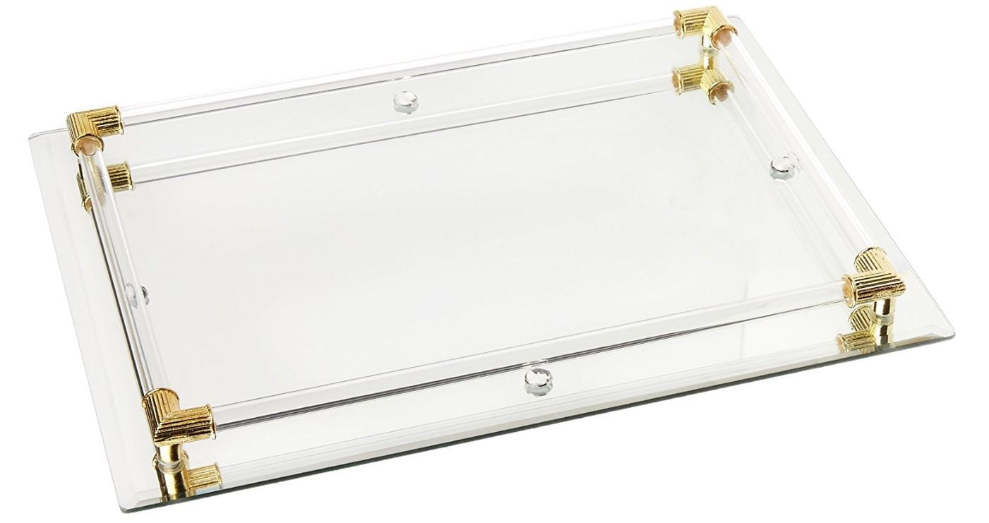 Clear Glass Vanity Tray with Gold Corner Accents, 12 by 9 Inches