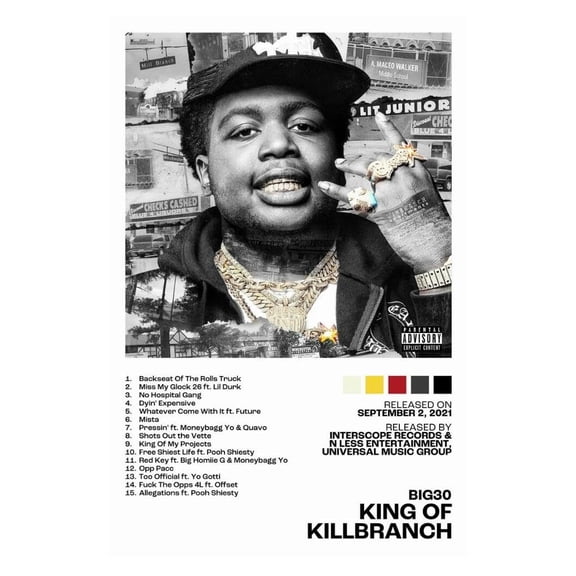 JayDaYoungan King of Killbranch Album Cover Music Poster Rap Home Decor For Living Room Hip-Hop Aesthetic Rapper Album Wall Art Records Poster Wall Decor For Bedroom