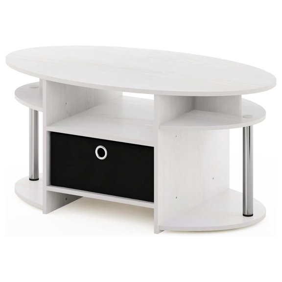 Jaya Simple Design Oval Coffee Table with Bin for Living Room, White Oak/Chrome/Black