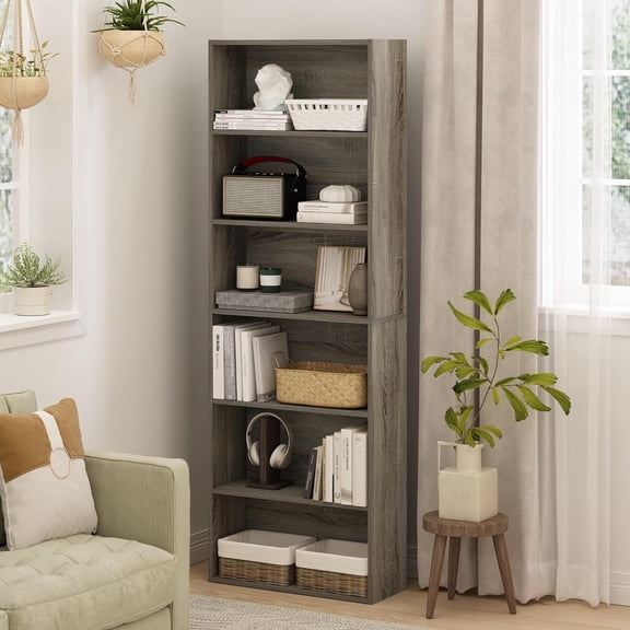 Jaya Simply Home Free Standing 6-Tier Open Storage Bookcase, French Oak
