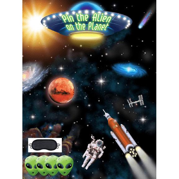 Jayd Products, Pin the Alien on the Planet, Space Theme Party Game, 40 Aliens, X-Large Poster, Outer Space Birthday Party Supplies, Space Game for Kids