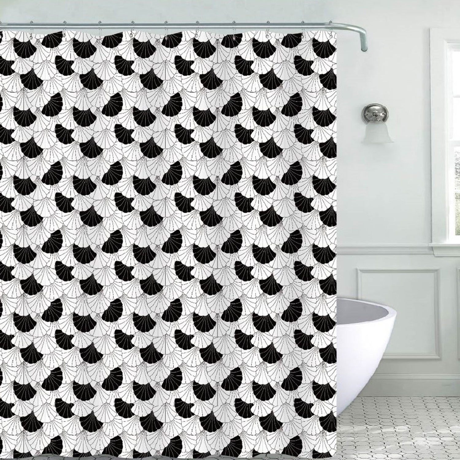 Jayda Black and White Seashell Canvas Shower Curtain, 70x72 Inches