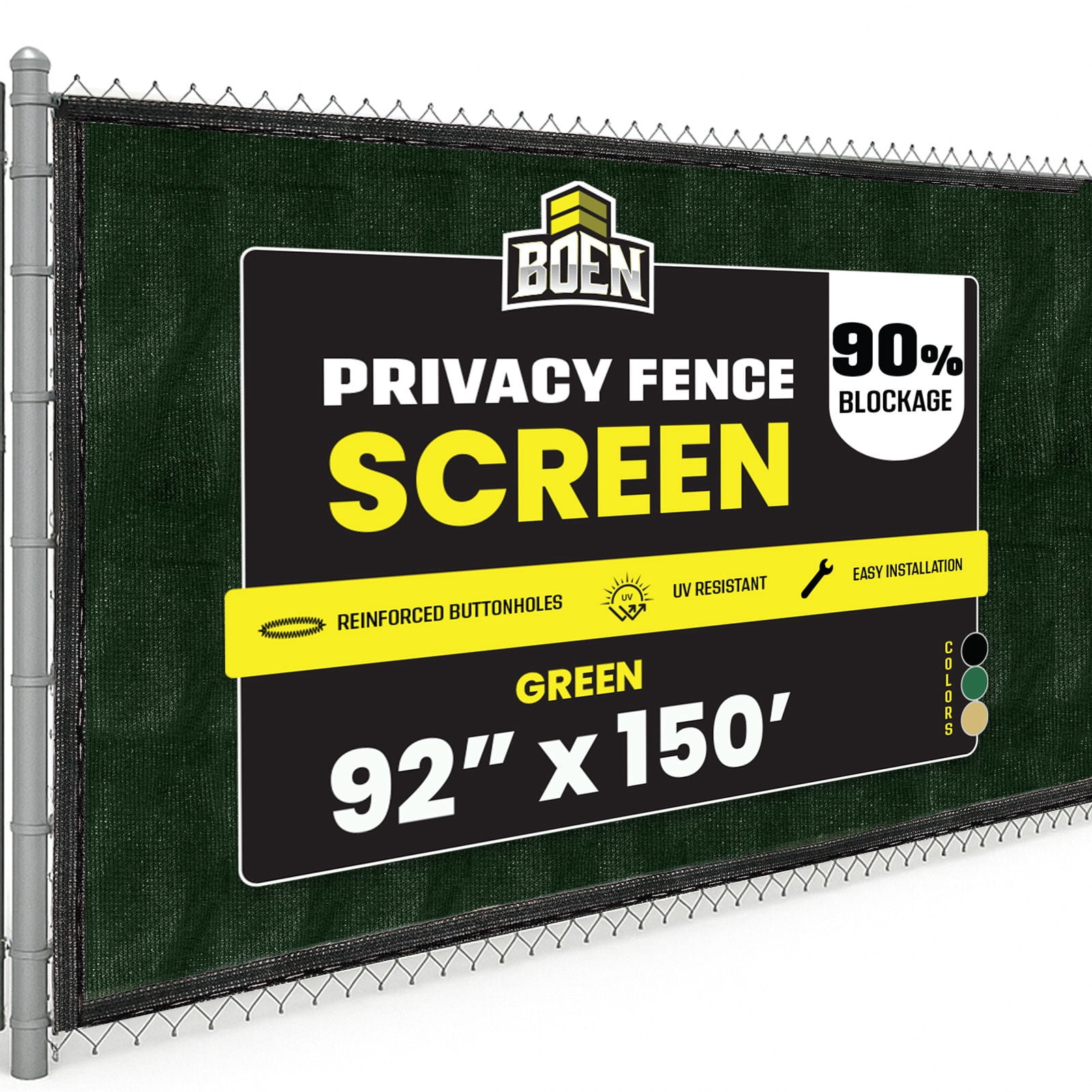 BOEN Privacy Fence Screen Netting, 92 in x 150 ft, Green, Woven Eyelets, Construction Fence Screen