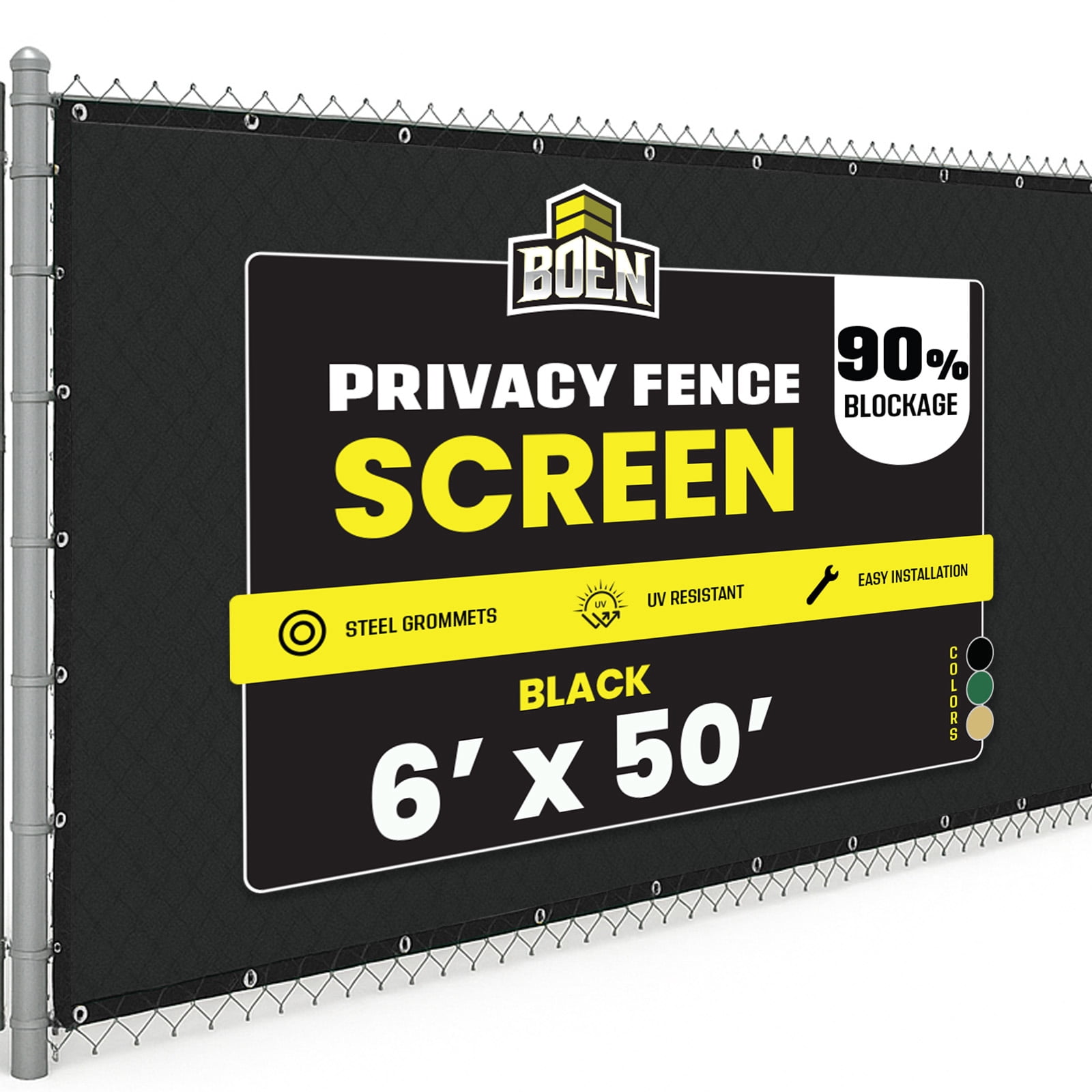 BOEN Privacy Fence Screen Netting, 6 ft x 50 ft, Black, Reinforced Grommets, Outdoor Mesh Cover