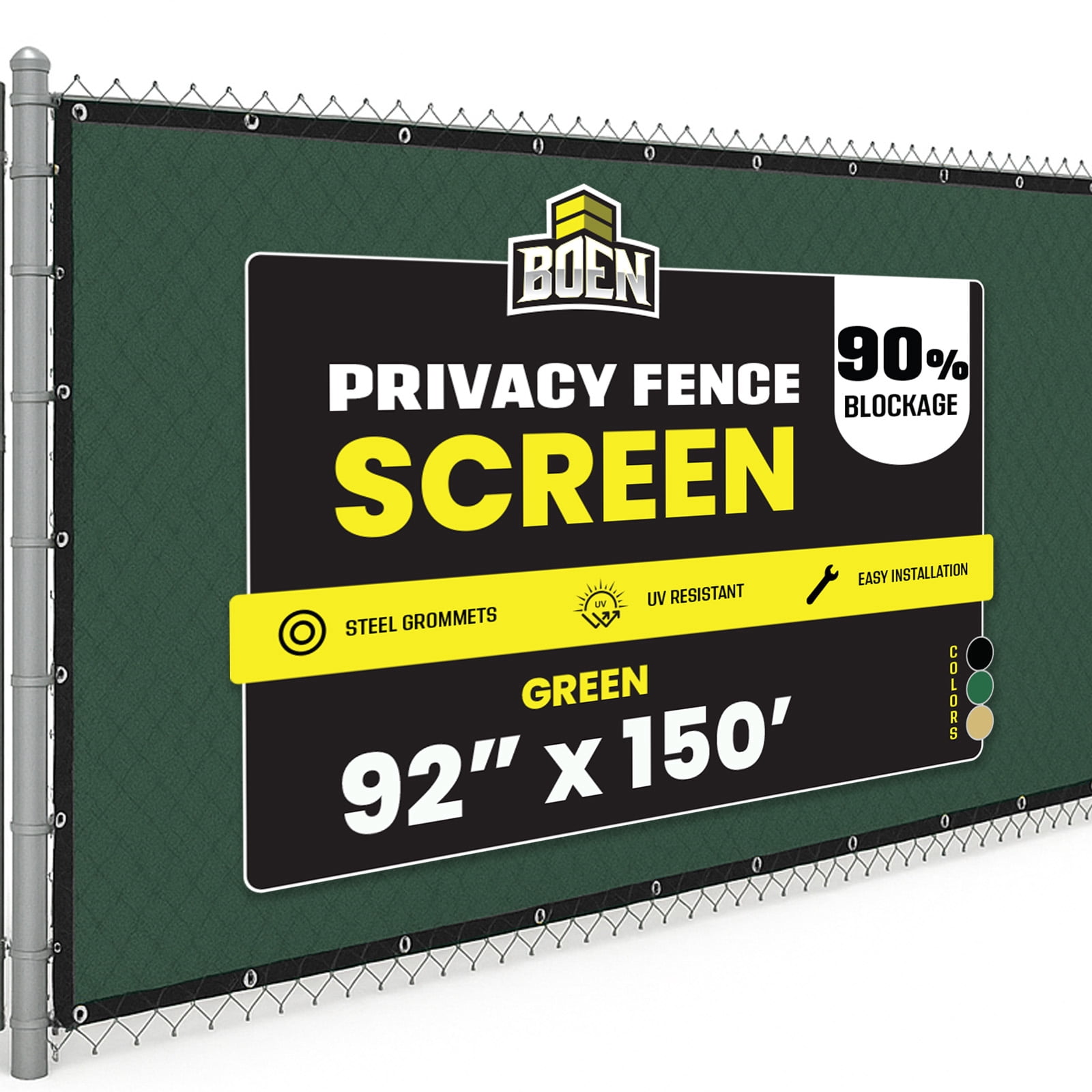 BOEN Privacy Fence Screen Netting, 92 in x 150 ft, Green, Reinforced Grommets, Construction Fence Screen