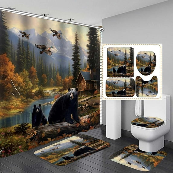 Jayden Madge 4PCS Black Bear Shower Curtain Set, Country Mountain River Pine Tree Forest Mallard Duck Deer Elk Moose Wild Animal Hunting Lodge Cabin Rustic Farmhouse Bathroom Decor, Non-Slip Bath Mat