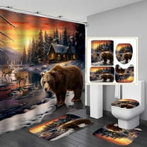 Jayden Madge 4PCS Black Bear Shower Curtain Set, Country Mountain River Pine Tree Forest Mallard Duck Deer Elk Moose Wild Animal Hunting Lodge Cabin Rustic Farmhouse Bathroom Decor, Non-Slip Bath Mat