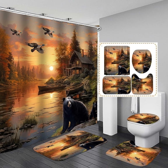Jayden Madge 4PCS Black Bear Shower Curtain Set, Country Mountain River Pine Tree Forest Mallard Duck Deer Elk Moose Wild Animal Hunting Lodge Cabin Rustic Farmhouse Bathroom Decor, Non-Slip Bath Mat